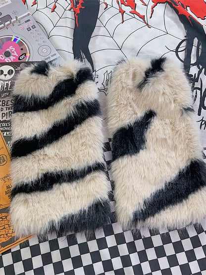 ベージュ/グレー Y2K ゼブラストライプ柄 40CM レッグウォーマー