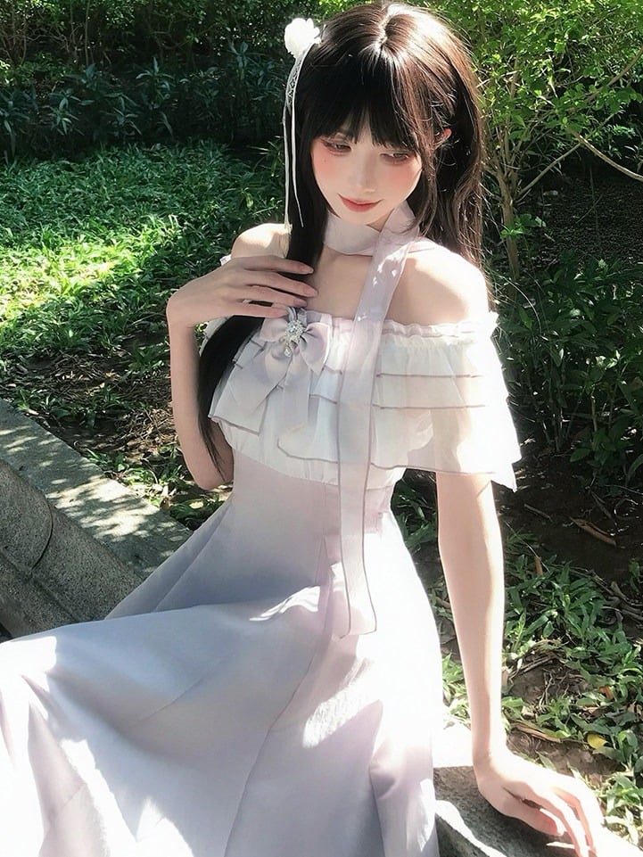 Purple Off-Shoulder Ruffled Flowy Seiso-Kei Maxi Dress - LA LA JK