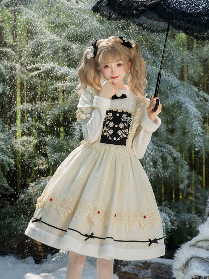 und Ausschnitt Beige Lange Ärmel Manschetten Lolita Floral Plüsch Kleid Mieder Stickerei