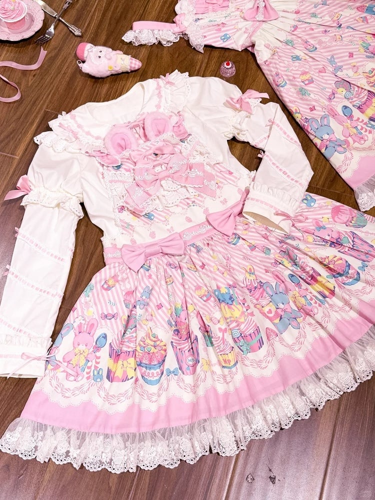 and Pink Sweet Lolita Bunny Print Dress Overall White Cupcake