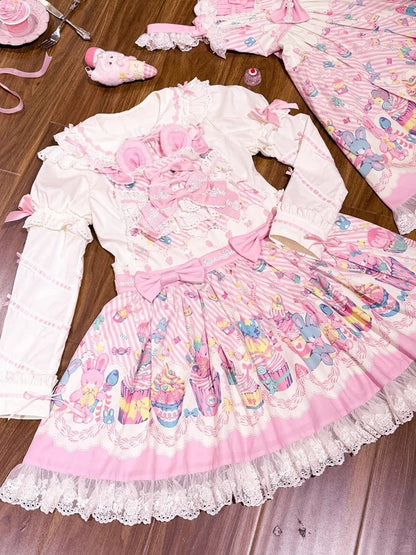 and Pink Sweet Lolita Bunny Print Dress Overall White Cupcake
