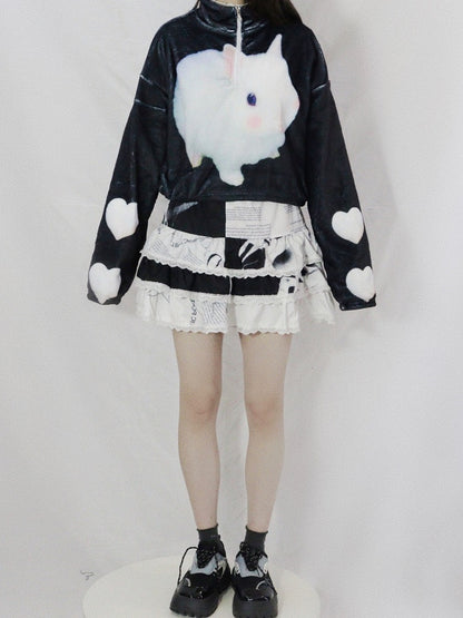 スカートとレース付きギャルファッションティアードホワイト/ピンクブラックトリムプリントスパイダーレター