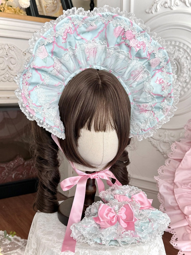 Mint Green/White Rose Print Lace Lolita Bonnet