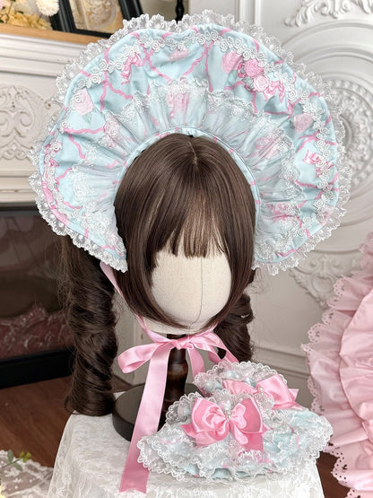 Mint Green/White Rose Print Lace Lolita Bonnet