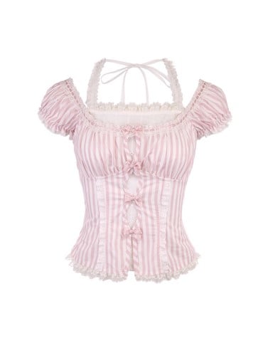 With Puff Sleeves Striped Lace Halter Top Accents Bow Pink