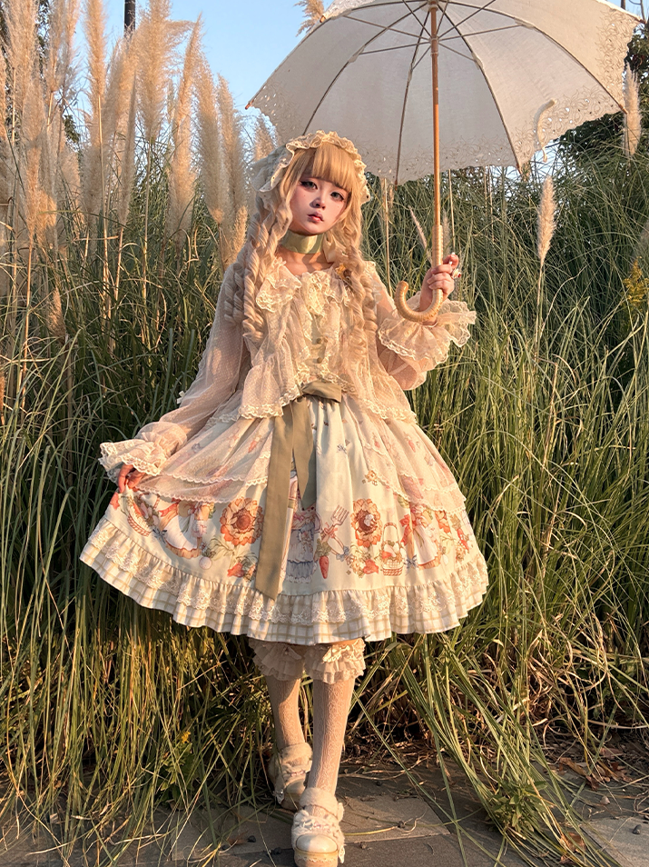 Overlay Plaid Dress Green Hem Bunny Print Lolita JSK Sweet Sunflower and with