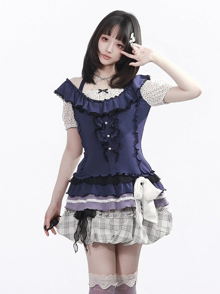 White Plaid Bubble Skirt with Black Bow - PINK SAVIOR