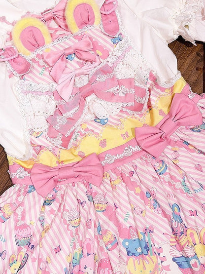 Bunny Cupcake Sweet Lolita Yellow Pink and Dress Overall Print