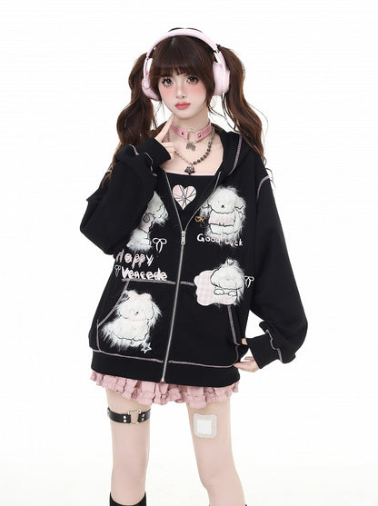 Puppy Embroidery Applique Black/Light Blue Plush Zip Closure Hoodie