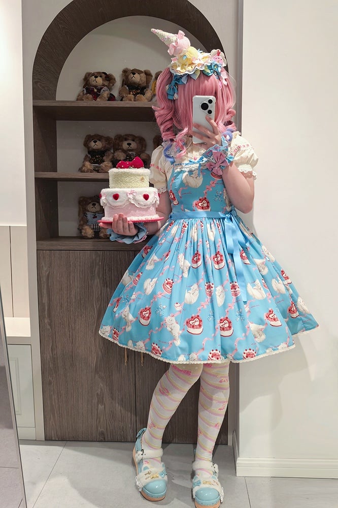 Kleid Print Rock süße Lolita Jumper Showa flauschige Kätzchen blau süß