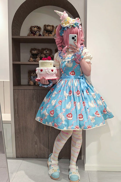 Kleid Print Rock süße Lolita Jumper Showa flauschige Kätzchen blau süß