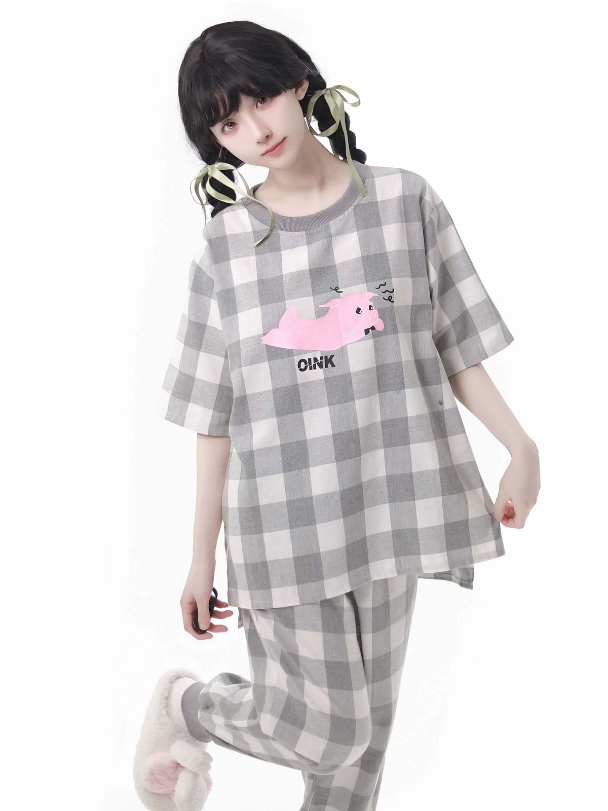 Weicher Baumwoll-Pyjama, Loungewear, lässiges Karomuster