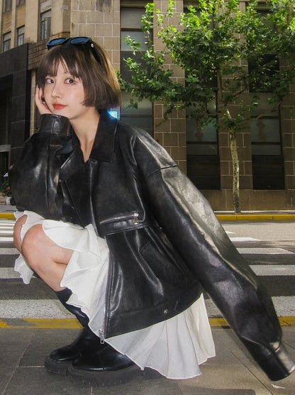 Retro Lackjacke Leder Ölmuster + Lederrock