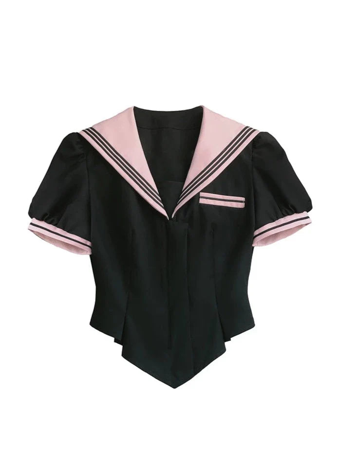 Sailor Flared + Rock Taille Puff Ribbon Cake Top + Ärmel Hals