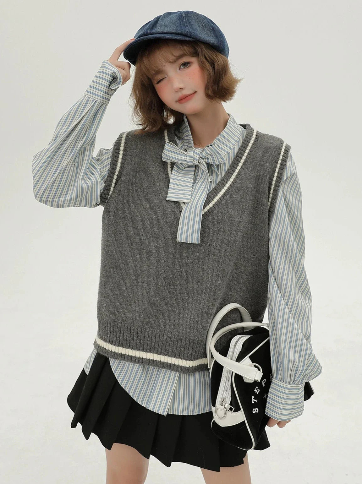 Style Korean Vest + Striped V-neck Shirt