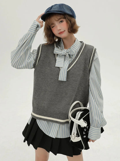 Style Korean Vest + Striped V-neck Shirt