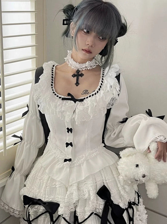 Spitzen-Taillen-Top mit Ärmeln, französischer Retro-Puffärmel