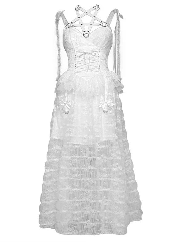 メッシュスリーピングペンタグラムゴシックレースサスペンダーホワイトアリスダークドレス