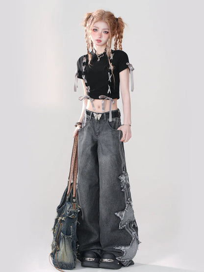 リボンTシャツ ノットデザイン ラブ ショート ブラック