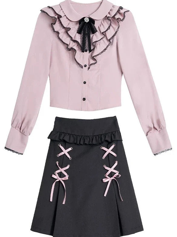 フリルスカートカラーブラウス+レースアップガーリー