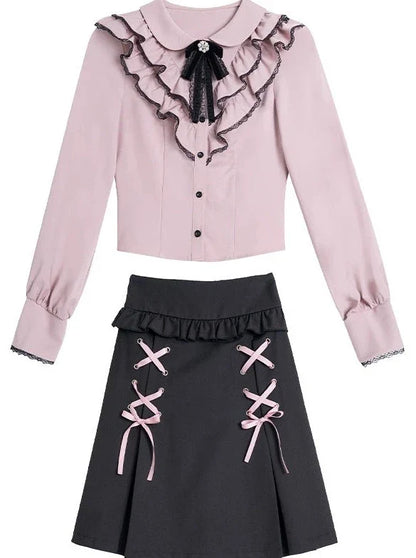 フリルスカートカラーブラウス+レースアップガーリー