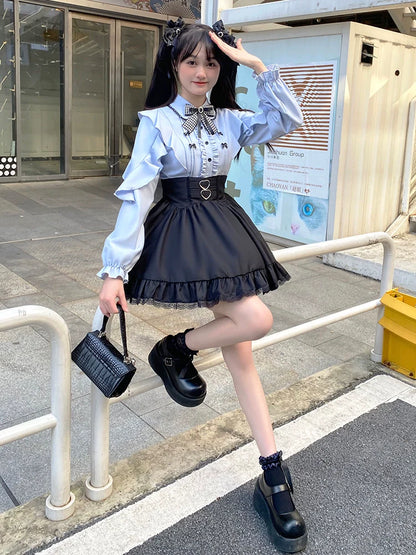 Hoch ausgestelltes Blau + Taillenbluse Süßer Rock