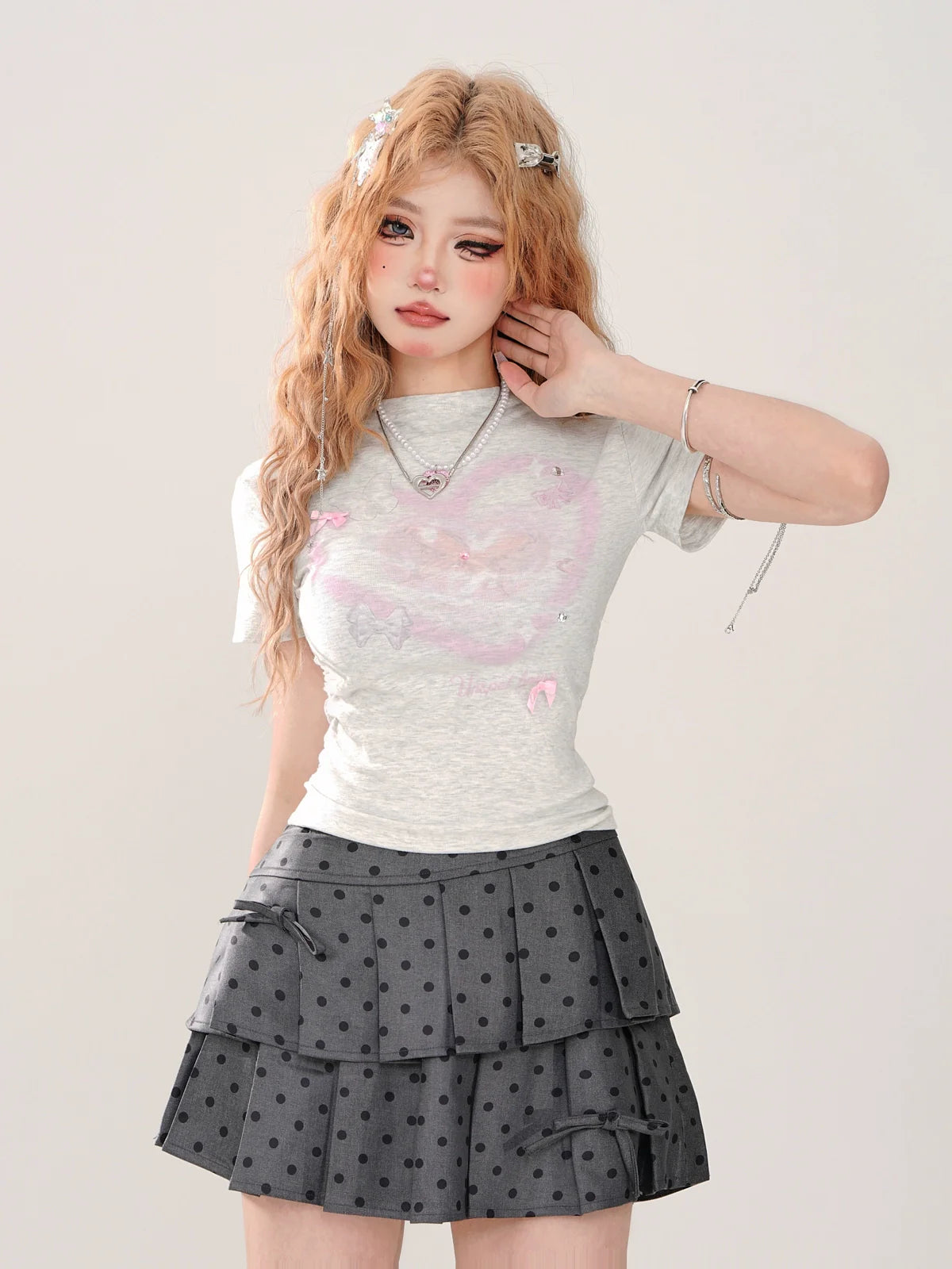 Dot Plissee Rock Polka A-Linie Grau