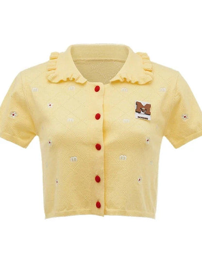 Kurzer amerikanischer Cardigan mit Blumenmuster und Kragen