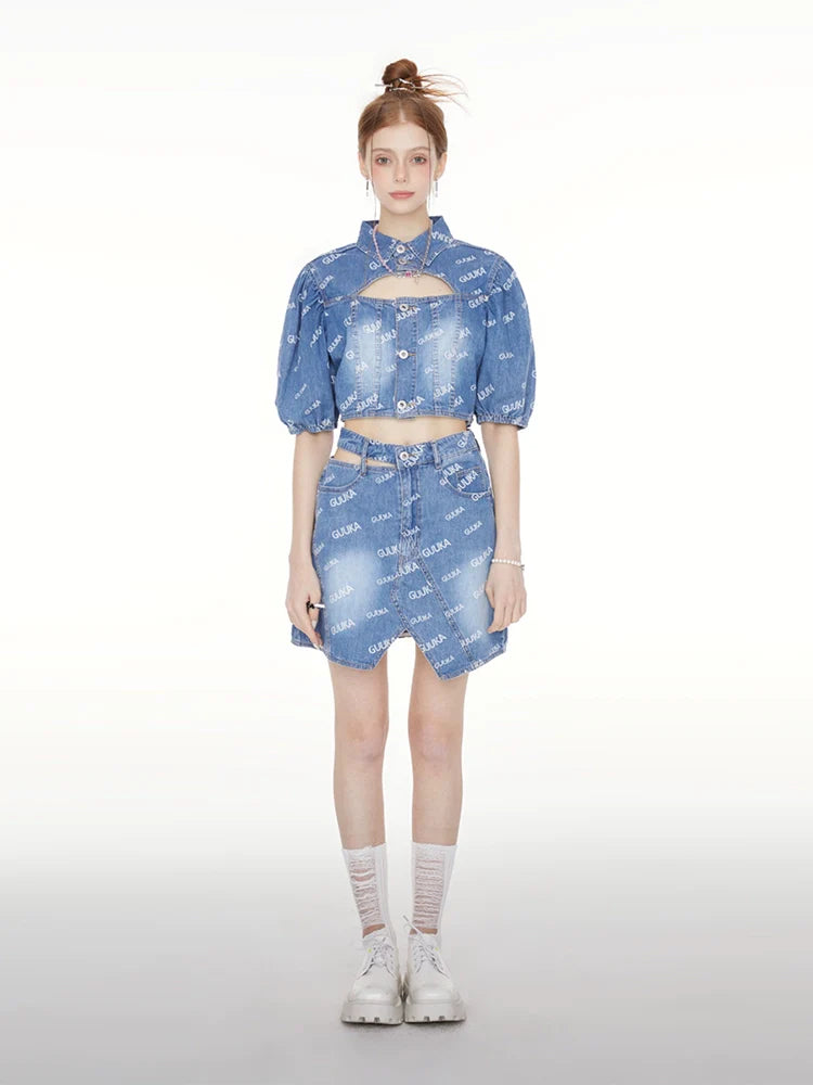 Kurzes Jeans-Poloshirt mit Logo