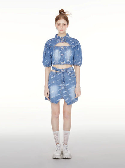 Kurzes Jeans-Poloshirt mit Logo