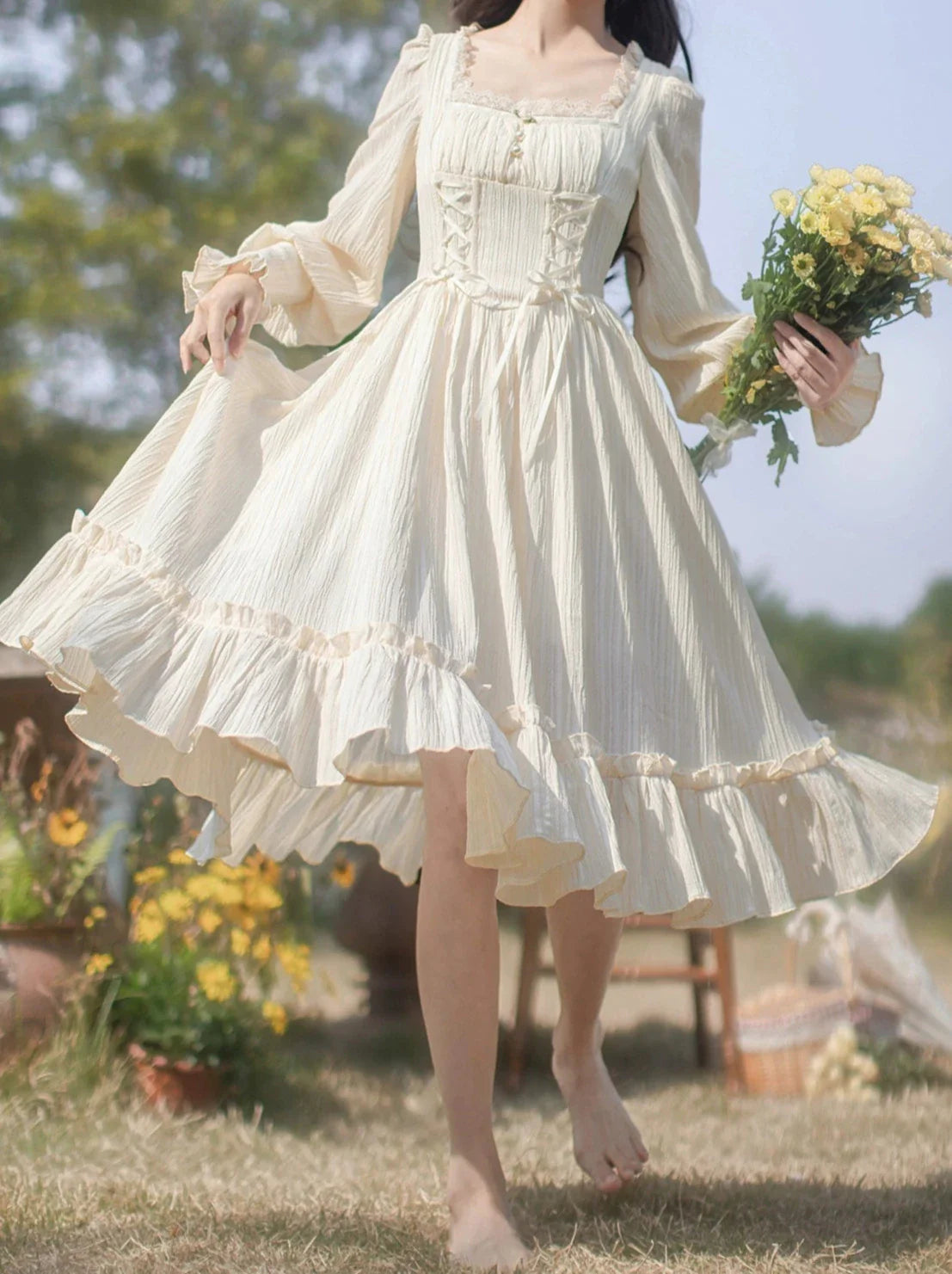 オイルネックスクエアフラワー+ペイントフレンチビスチェドレス