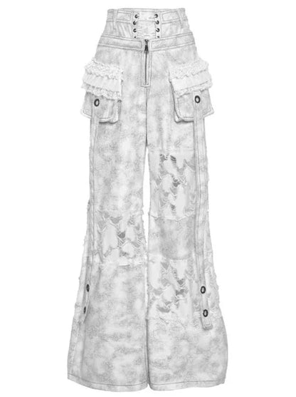 Waist Wide Ruffle Pants Gothic White Lace-Up Pocket