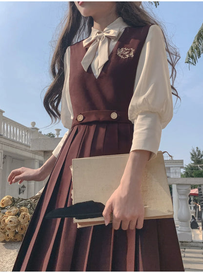 カレッジベストスカート シフォン + シャツスタイル クリームアクセサリー インナーリボン Vネック