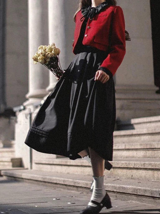 Jacket Red Black Tie Short Suit Elegant Dress Lantern Ruffle Retro + Sleeve Ribbon