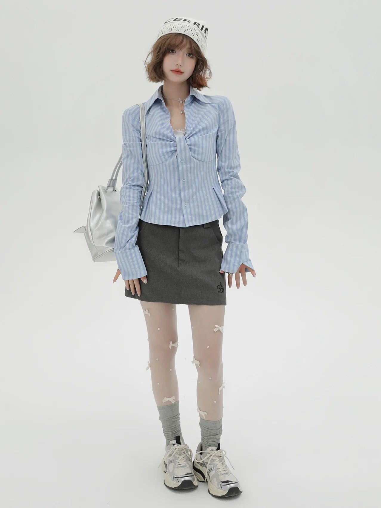 V Neck Shirt Slim Stripe Design Blue