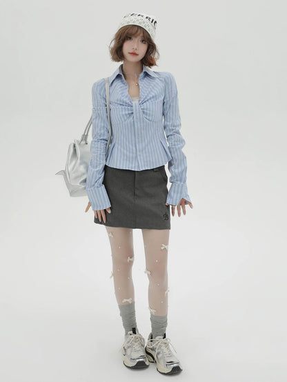 V Neck Shirt Slim Stripe Design Blue