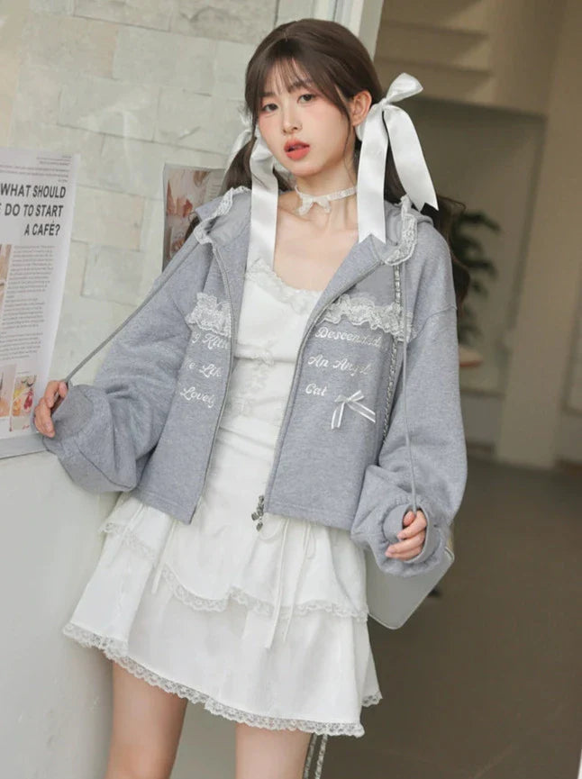 Long Gray Top Lace Hoodie Gray Embroidery Skirt