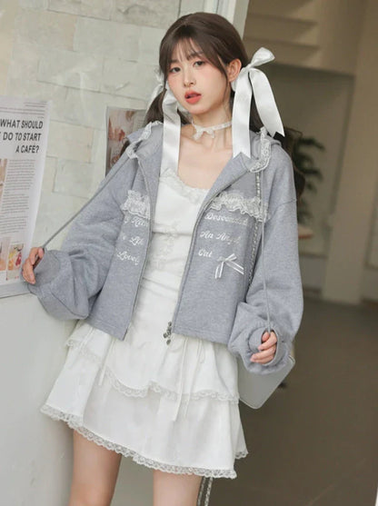 Long Gray Top Lace Hoodie Gray Embroidery Skirt