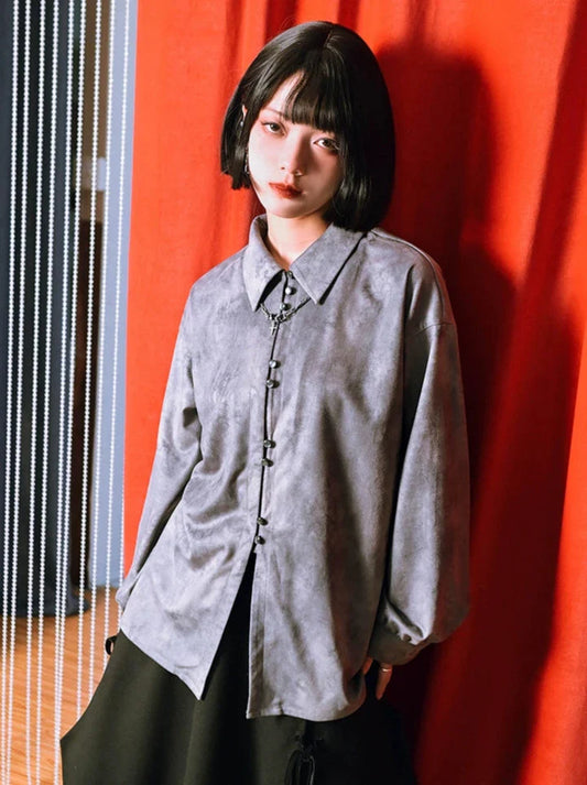 プリントスエードチャイナドラゴンシャツレトロ