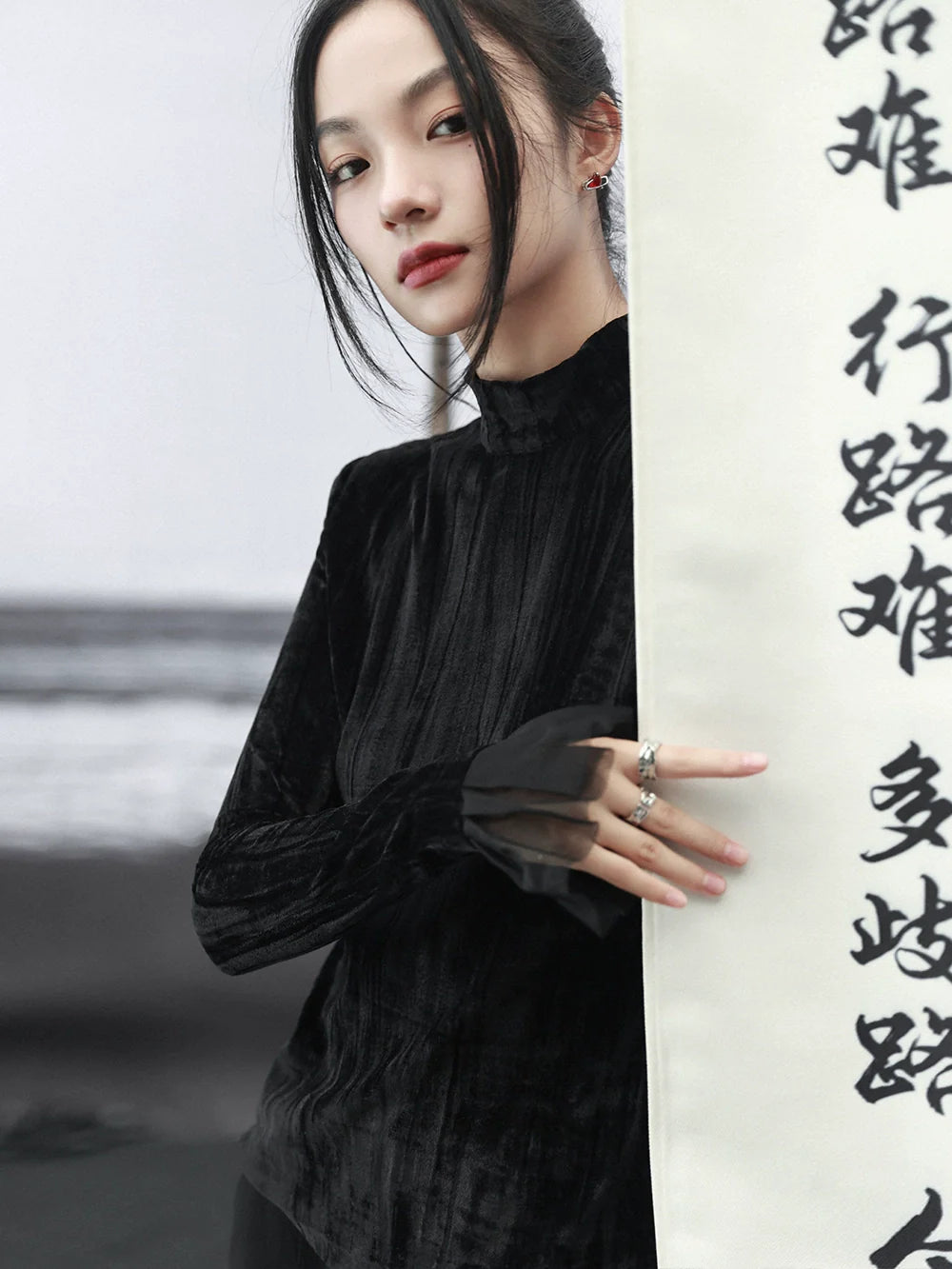 ベルベットダークタートルネックスプライシングシャツメッシュレトロ