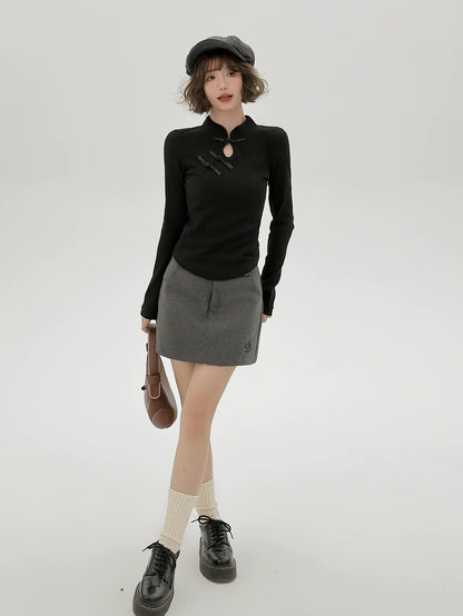 T Long Black Collar Chinese Stand