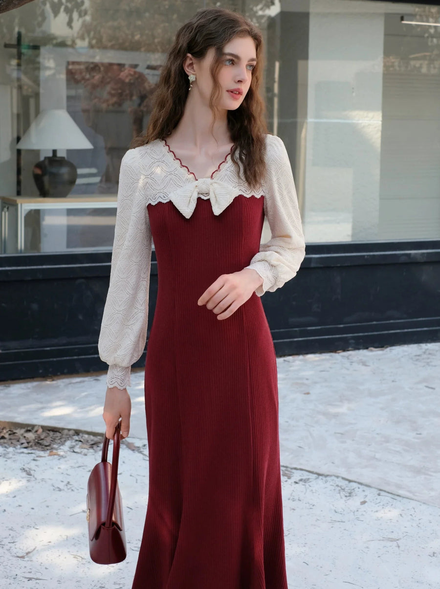 Robe en tricot de dentelle à ruban de sirène française cerise