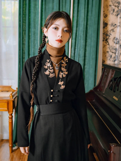 トップVネックチャイナ刺繍ジャケットリーフ