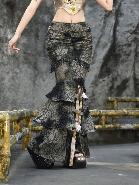 フェスティバルレースゲージドラゴンチャイナスカートバードタイダイスリム