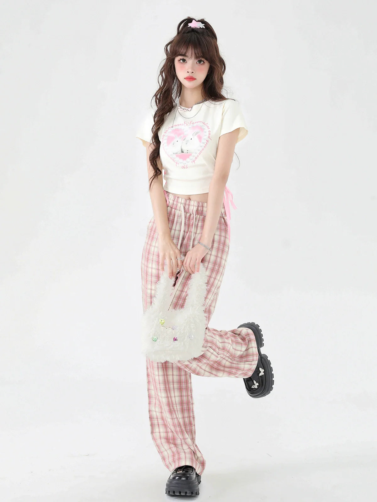 パンツ カジュアル チェック ピンク