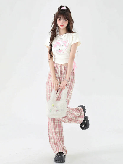 パンツ カジュアル チェック ピンク