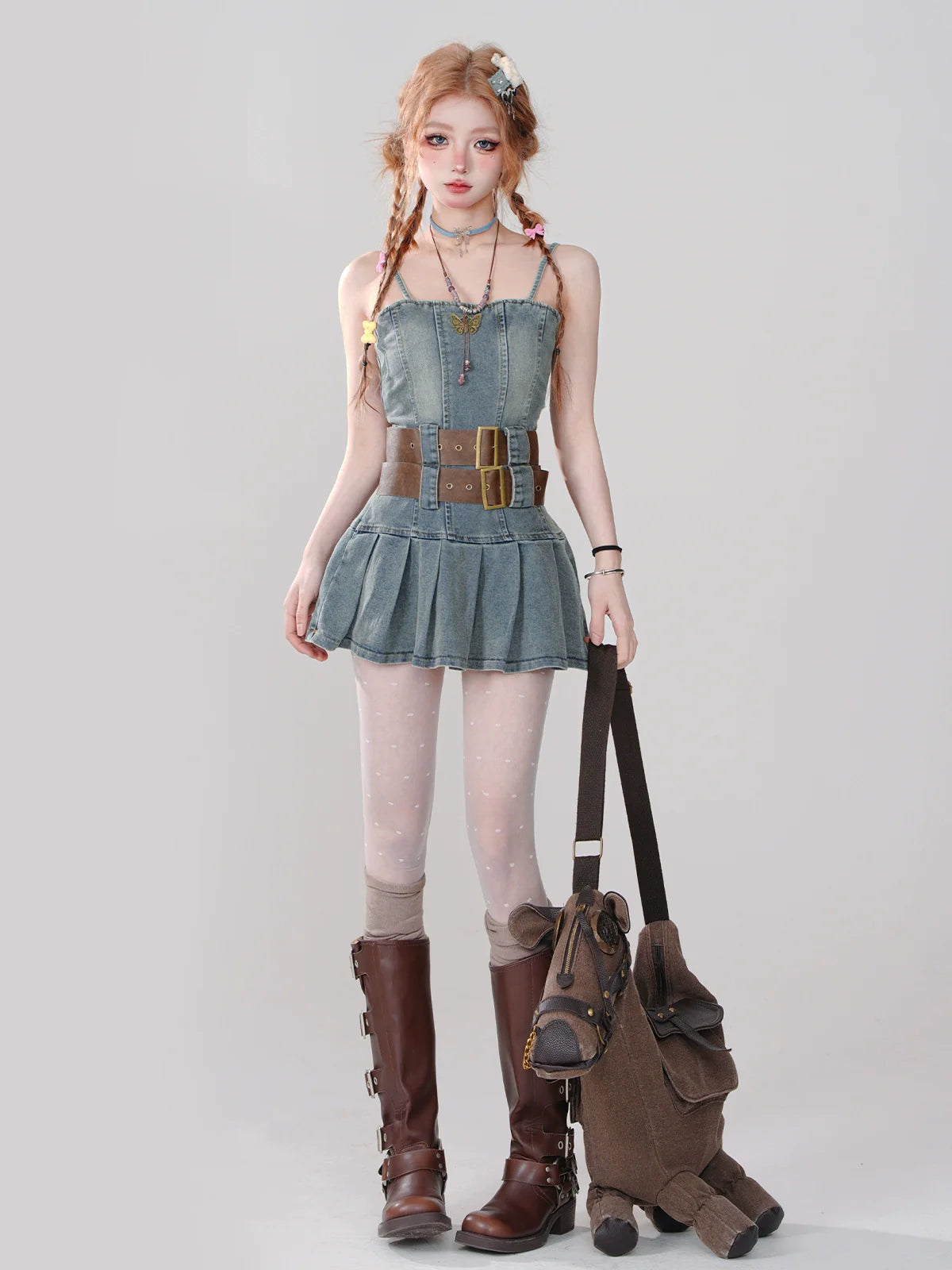 ホットなレトロデニムプリーツスタイルドレスガールサスペンダー