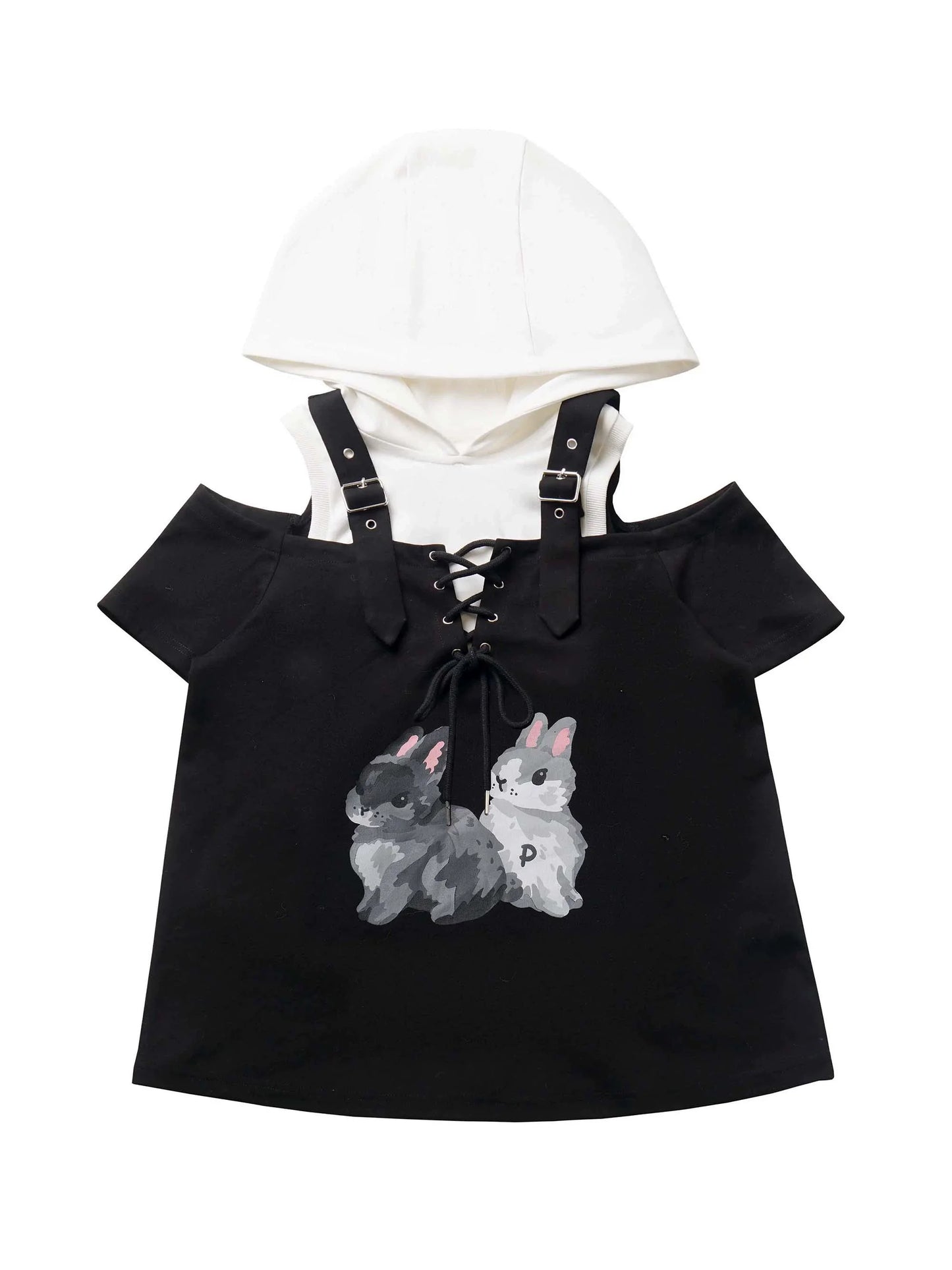 Summer Design Straps Pants Rabbit Off-Shoulder Black White Hoodie Tops Suit