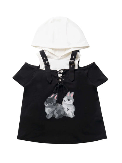 Summer Design Straps Pants Rabbit Off-Shoulder Black White Hoodie Tops Suit