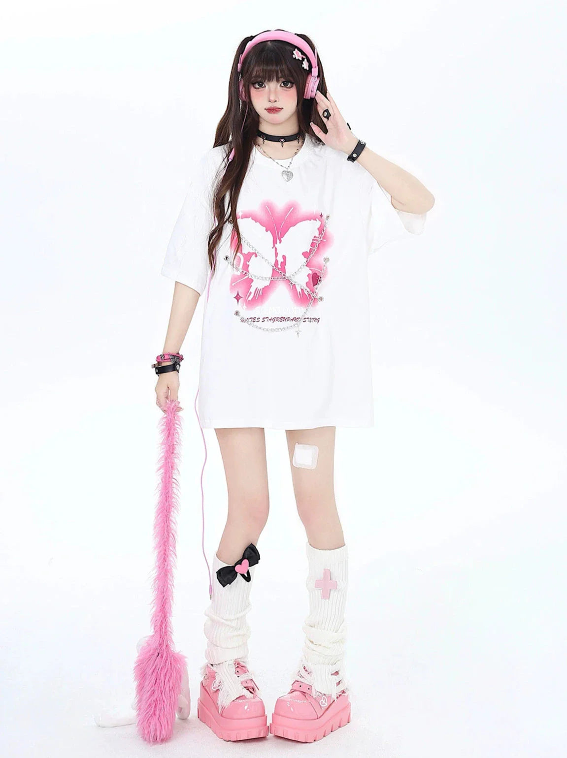 チェーンバタフライパンクロックアメリカンTシャツメタルプリント